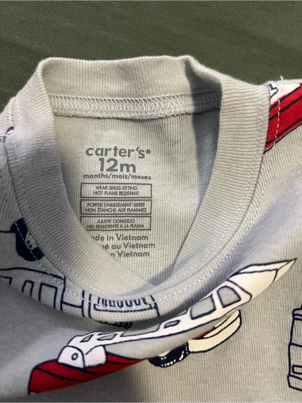 Carter's Gray Fire Truck Pajama Set Size 12 M